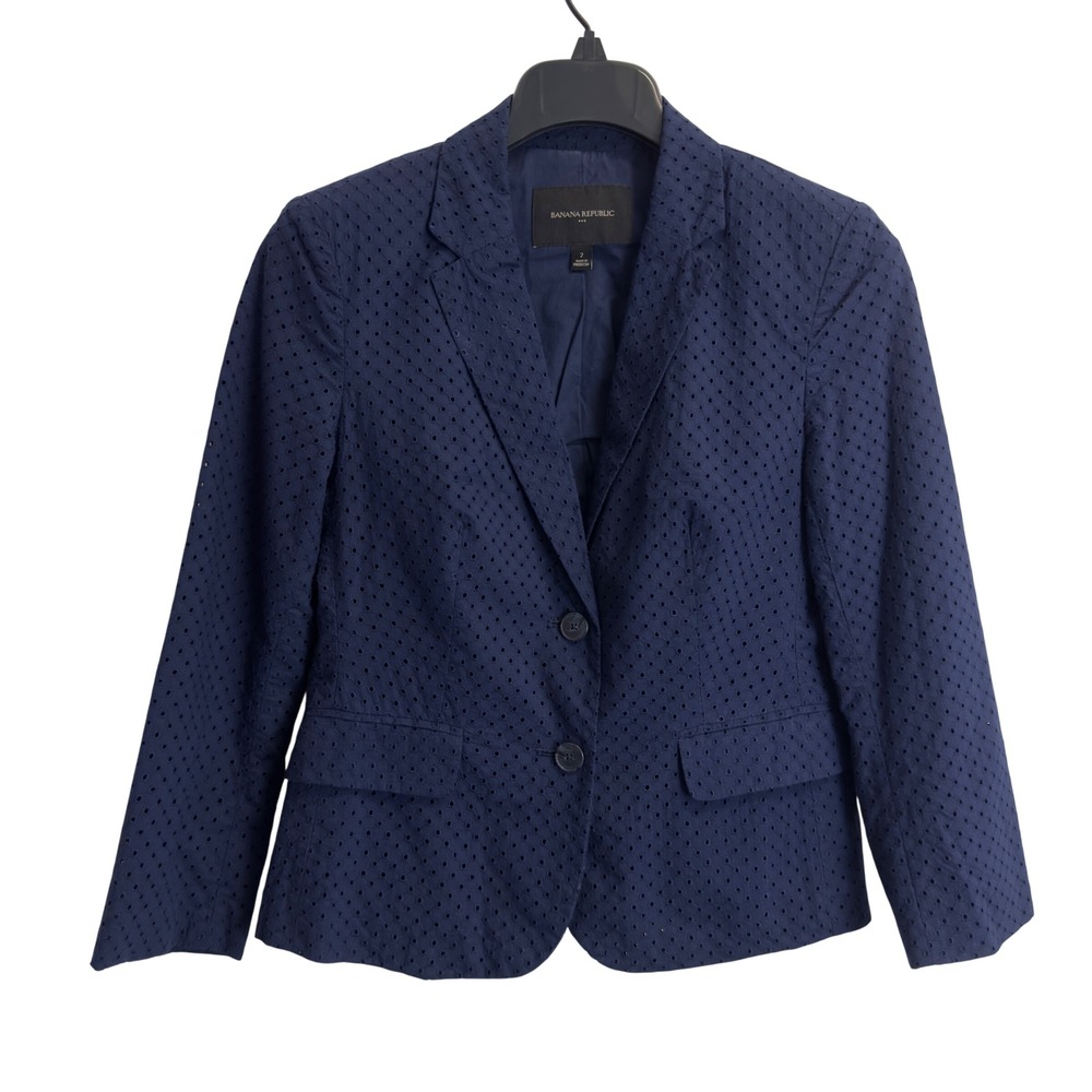 Banana Republic Navy Blue Eyelet Cotton Blazer Jacket Size 2 Notch Lapel Lined